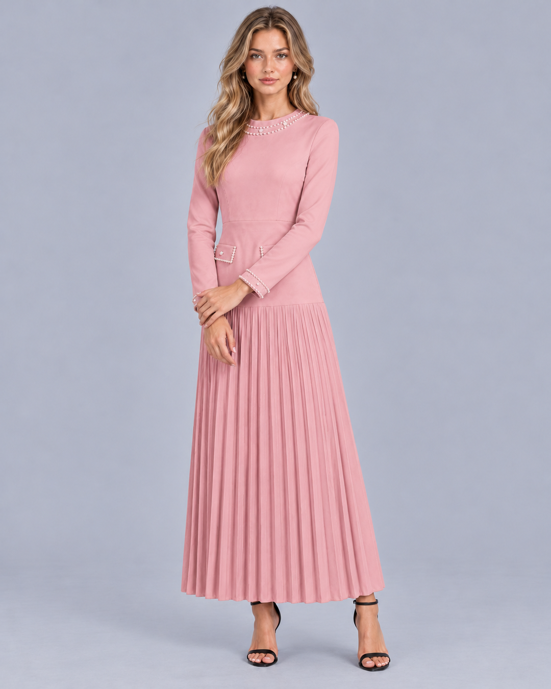 Women's Pleated Maxi Dress with Pearl Trim