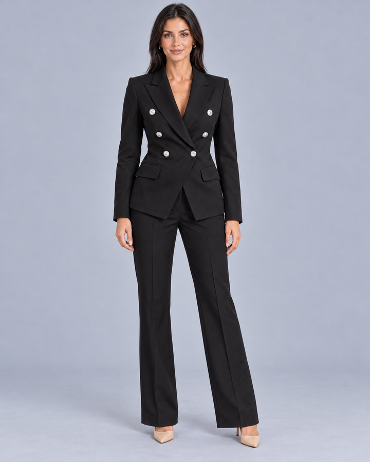 Women's Double-Breasted Trouser Suit with Metallic Buttons