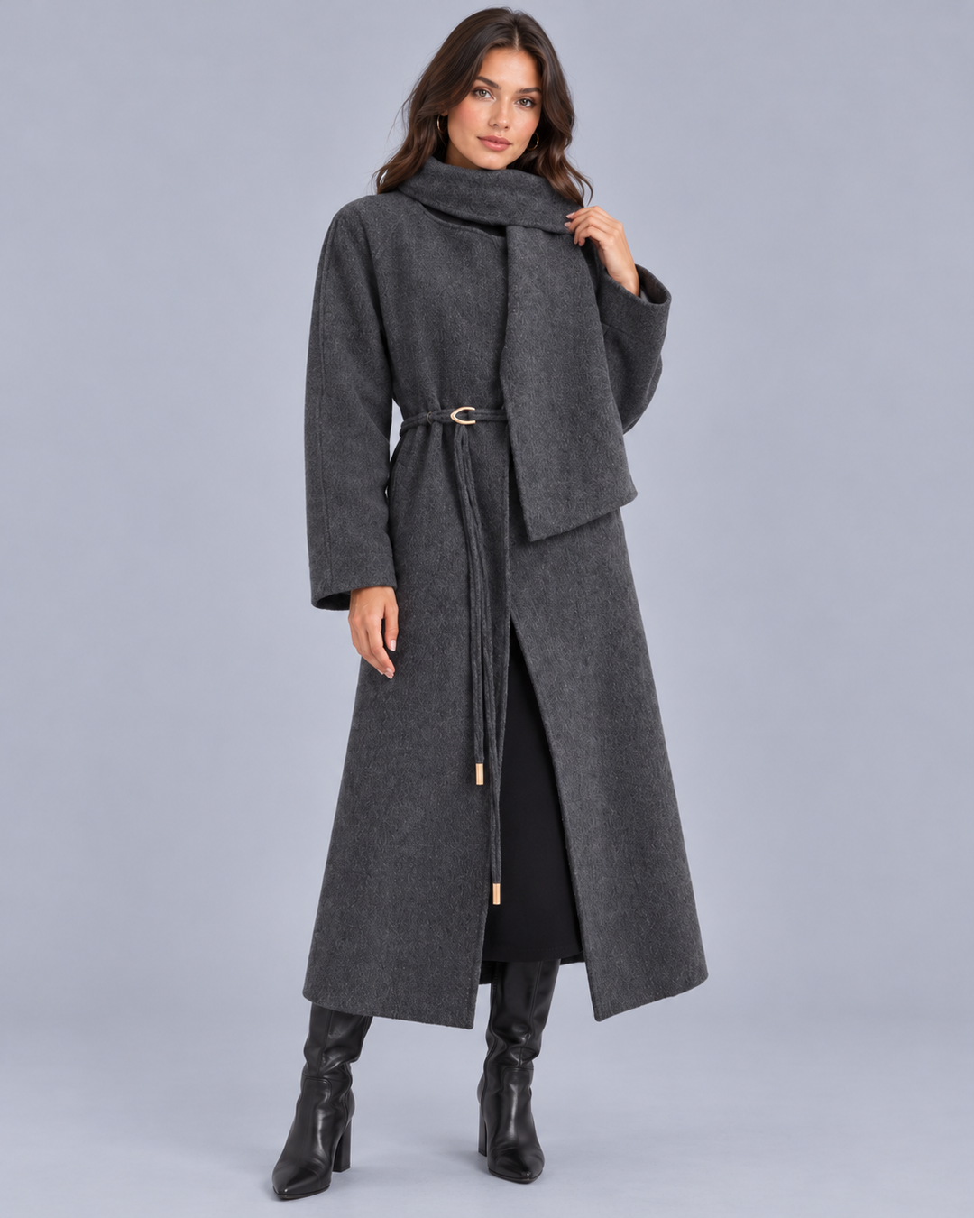 Women's Midi Scarf Coat with Tie Belt