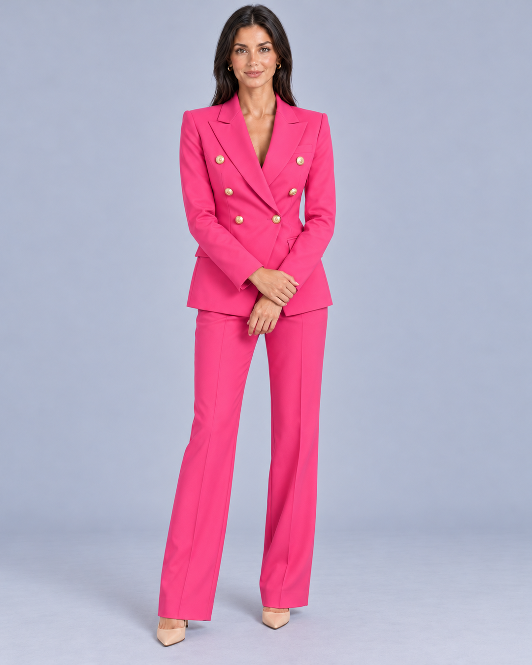 Women's Double-Breasted Trouser Suit with Metallic Buttons