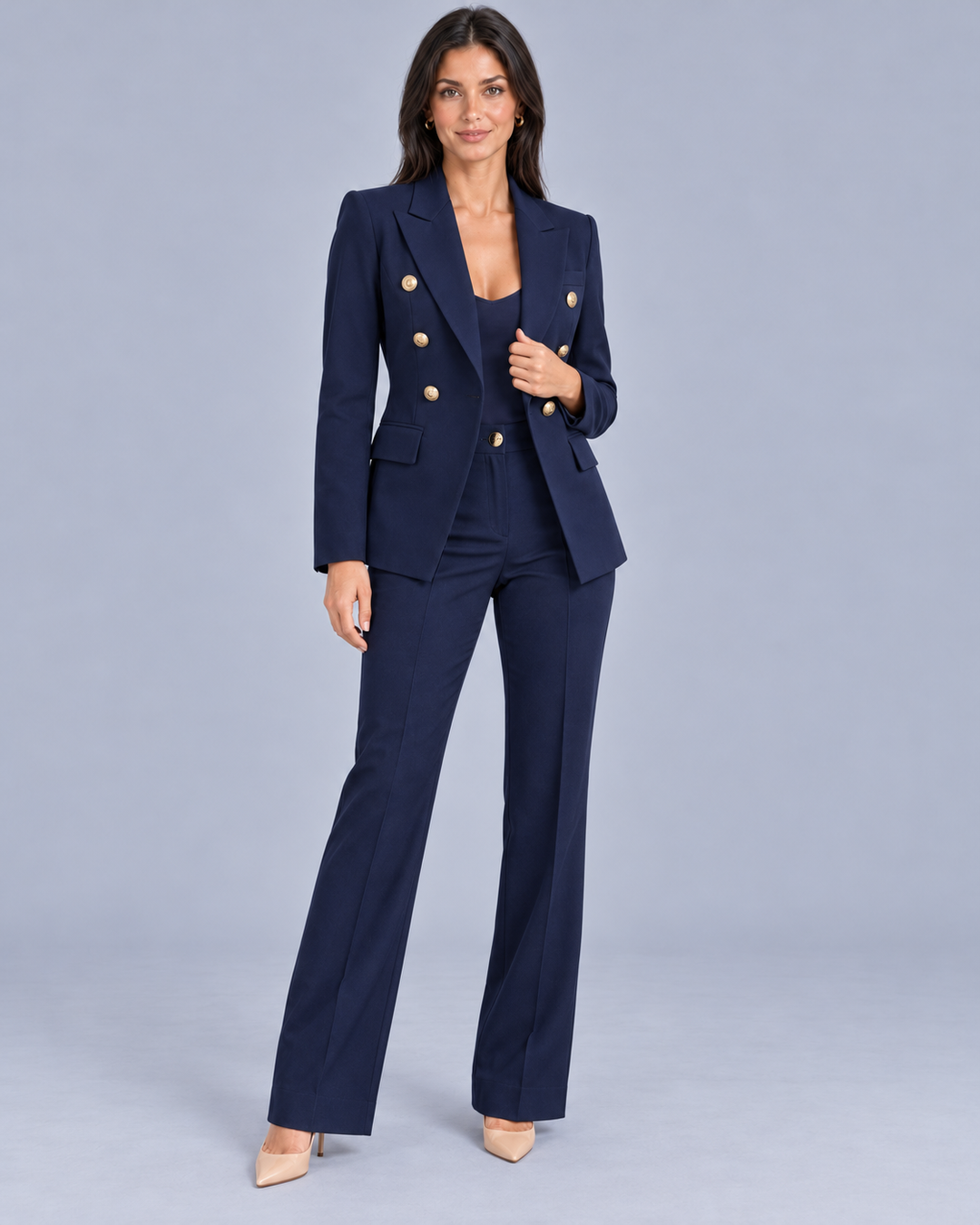 Women's Double-Breasted Trouser Suit with Metallic Buttons