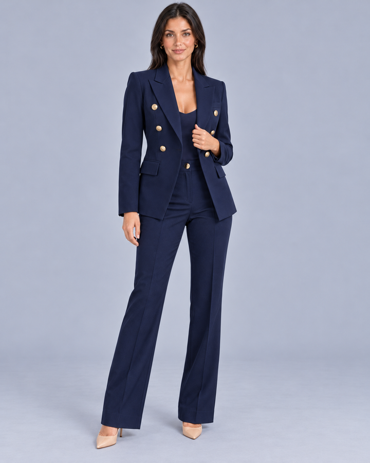 Women's Double-Breasted Trouser Suit with Metallic Buttons