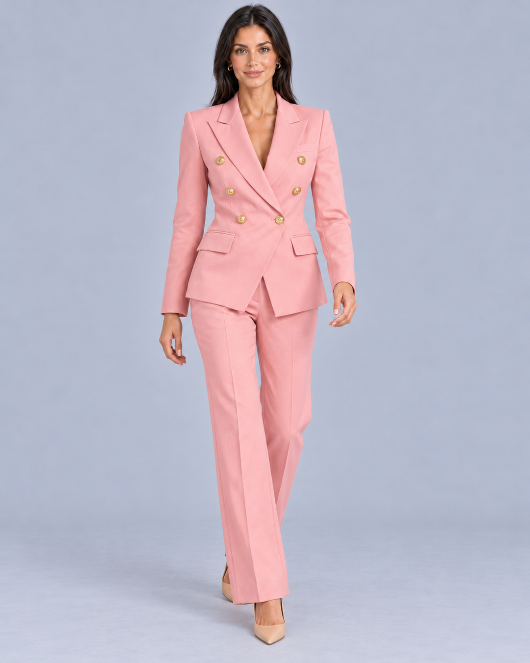 Women's Double-Breasted Trouser Suit with Metallic Buttons