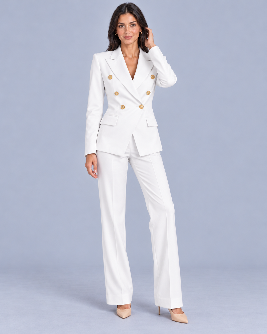 Women's Double-Breasted Trouser Suit with Metallic Buttons