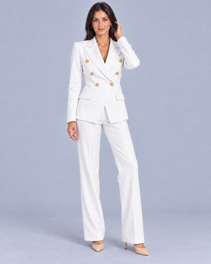 Women's Double-Breasted Trouser Suit with Metallic Buttons