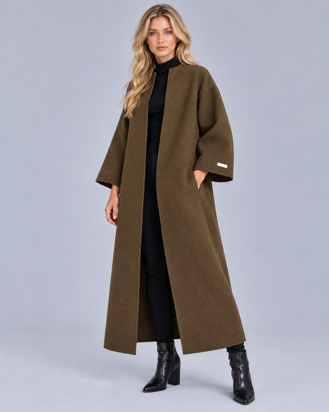 Women's Collarless Longline Wool-Blend Coat