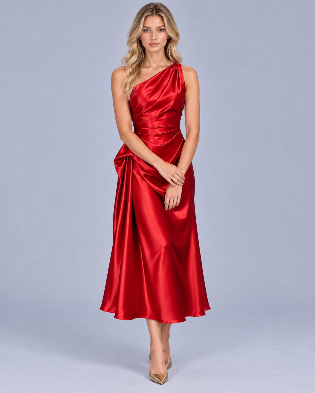 Women's One Shoulder Draped Midi Dress