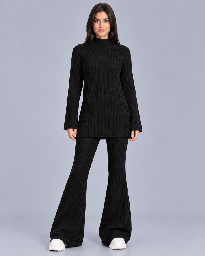 Women's Knitted Turtleneck and Flared Trouser Set
