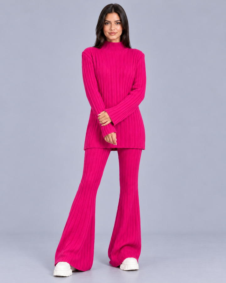 Women's Knitted Turtleneck and Flared Trouser Set