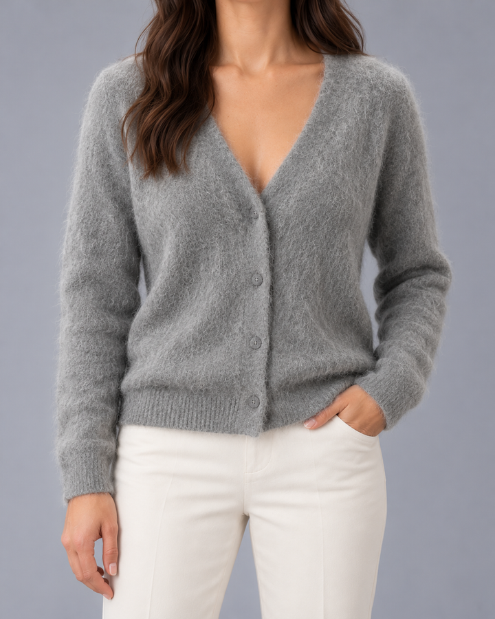 Women's Fluffy V-Neck Cardigan with Buttons