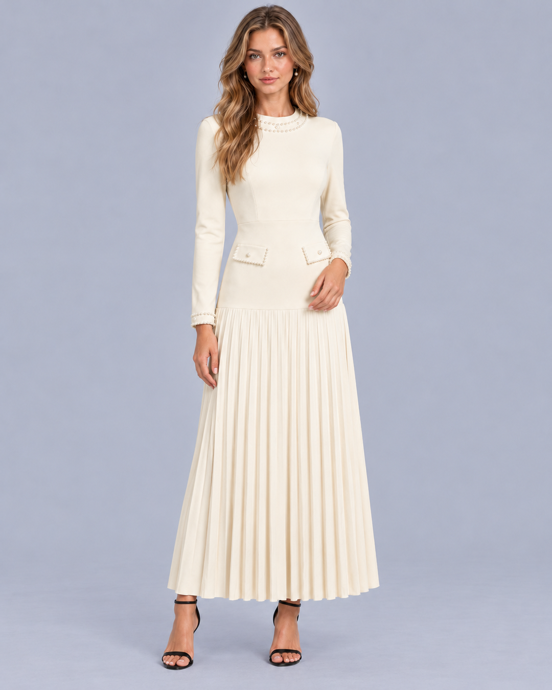 Women's Pleated Maxi Dress with Pearl Trim