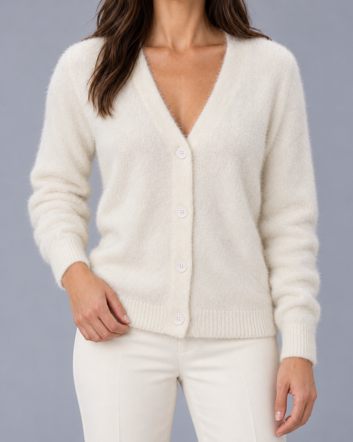 Women's Fluffy V-Neck Cardigan with Buttons