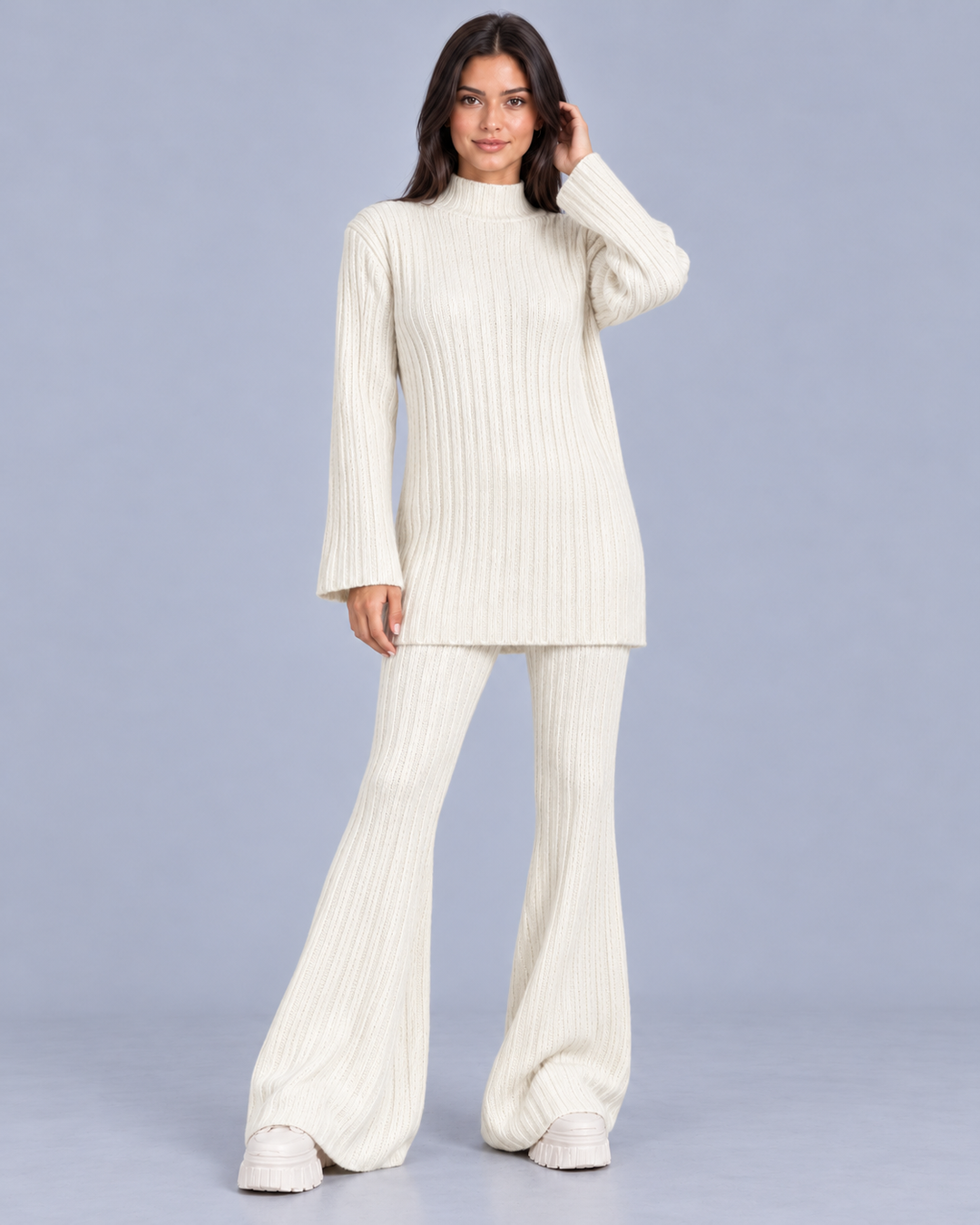 Women's Knitted Turtleneck and Flared Trouser Set