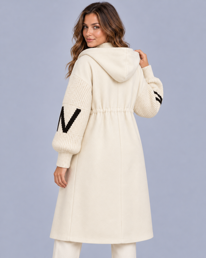 Women's Longline Hooded Coat with Knit Sleeves