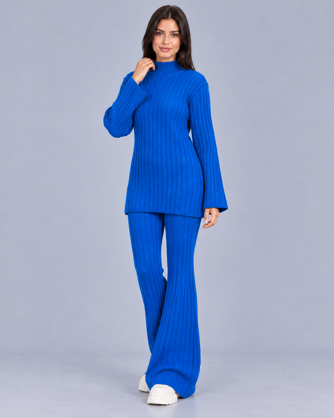 Women's Knitted Turtleneck and Flared Trouser Set