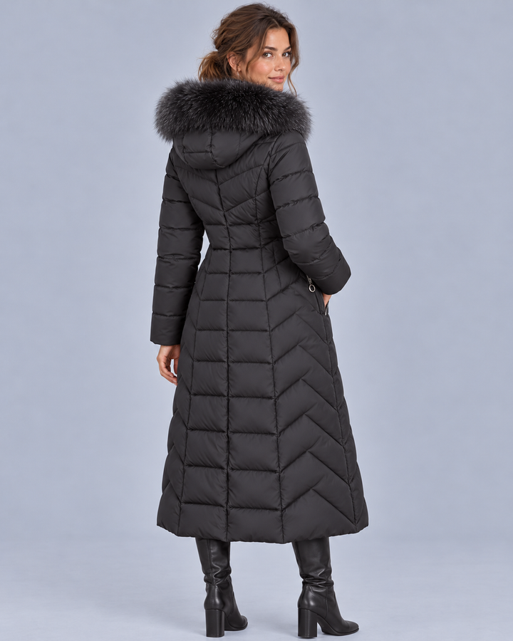 Women's Long Quilted Coat with Faux-Fur Hood