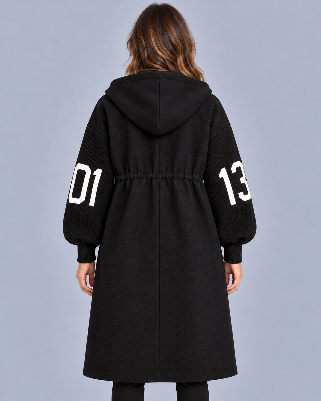 Women's Longline Hooded Coat with Knit Sleeves