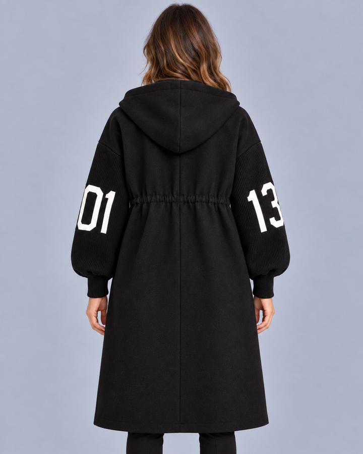 Women's Longline Hooded Coat with Knit Sleeves