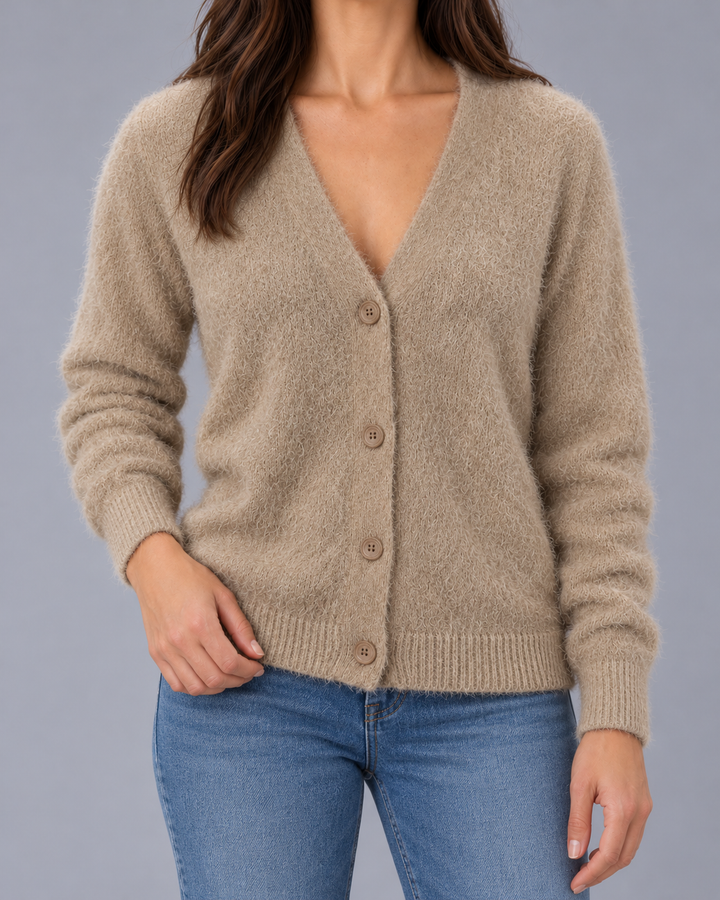 Women's Fluffy V-Neck Cardigan with Buttons