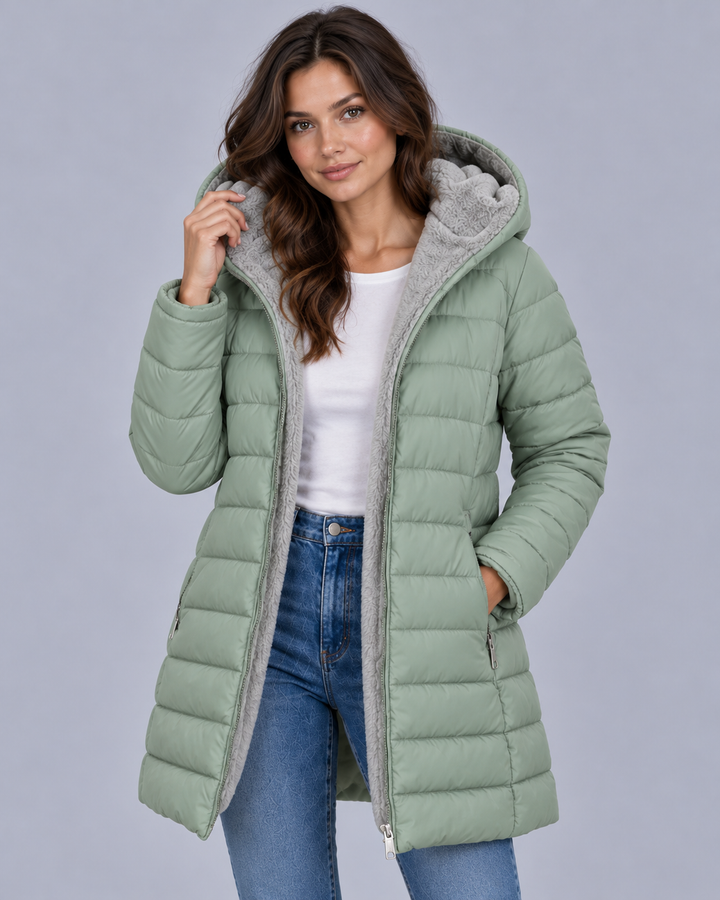 Women's Fleece Lined Quilted Coat with Hood