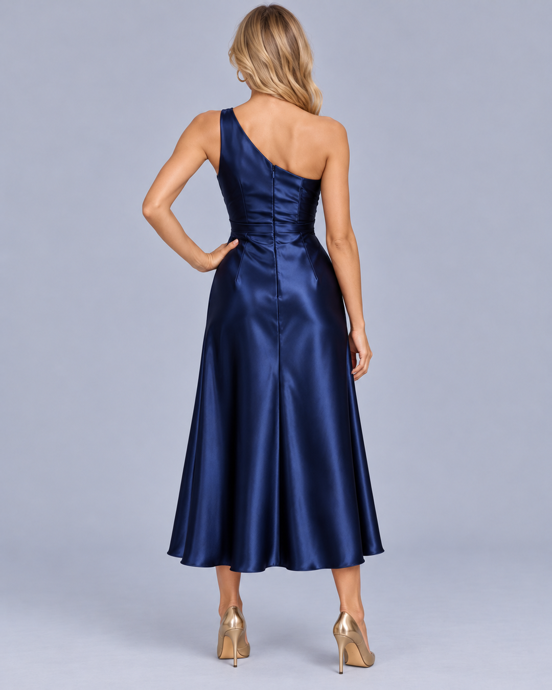 Women's One Shoulder Draped Midi Dress