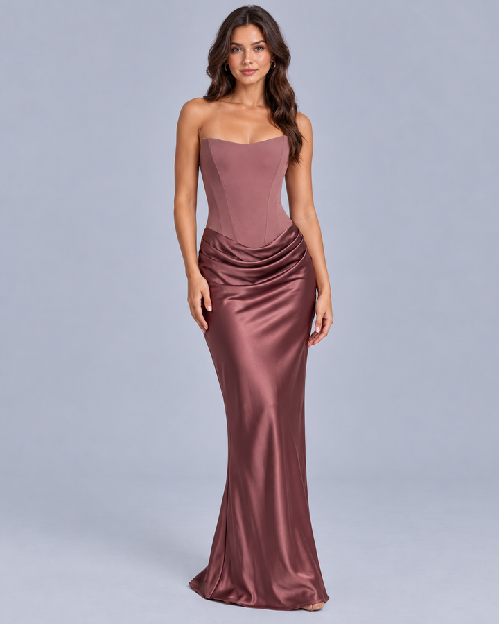 Women's Strapless Satin Corset Maxi Dress