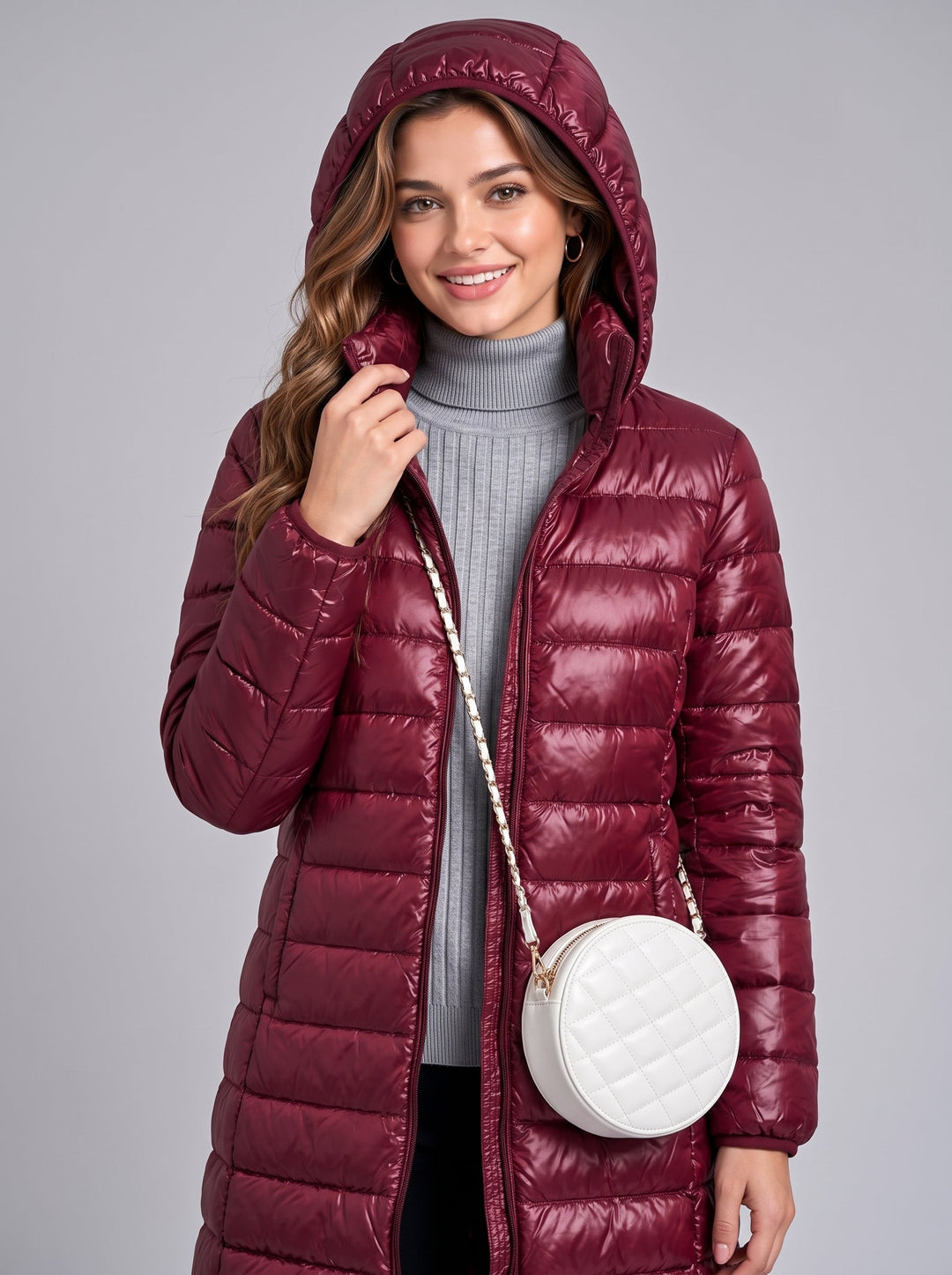 Women's Long Puffer Coat with Detachable Hood