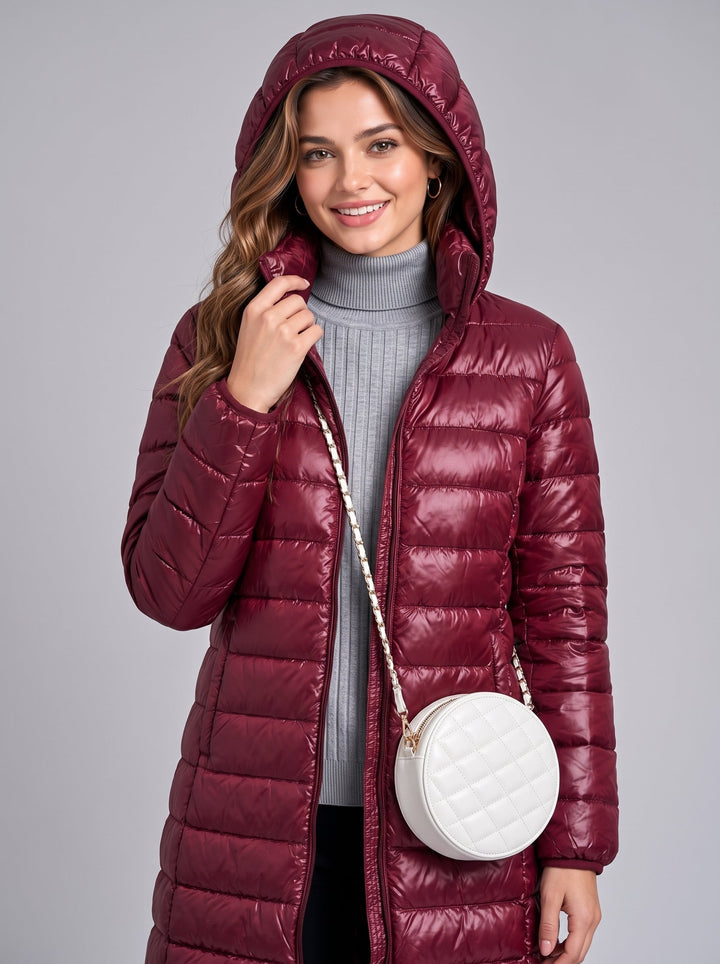 Women's Long Puffer Coat with Detachable Hood