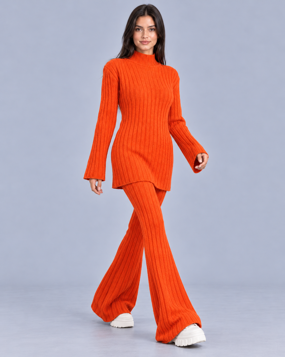 Women's Knitted Turtleneck and Flared Trouser Set