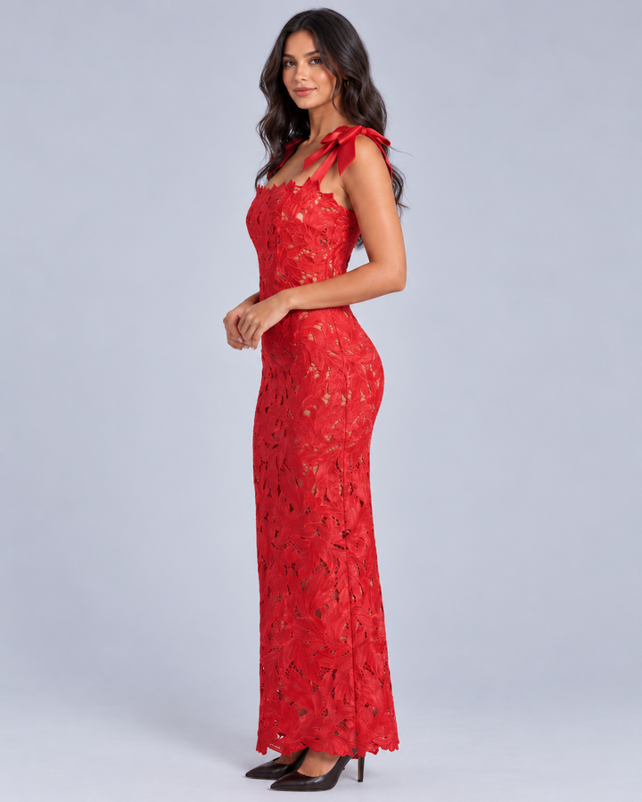 Women's Lace Maxi Dress with Bow Straps