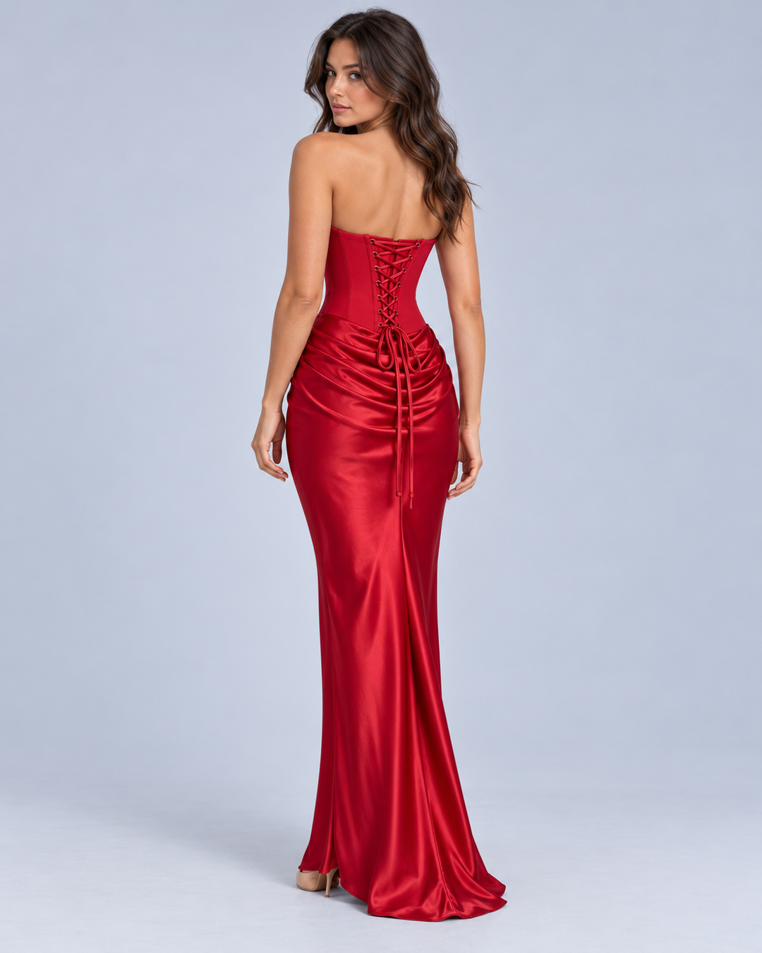 Women's Strapless Satin Corset Maxi Dress