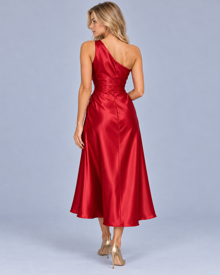 Women's One Shoulder Draped Midi Dress