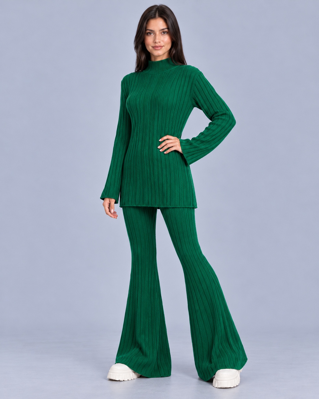 Women's Knitted Turtleneck and Flared Trouser Set