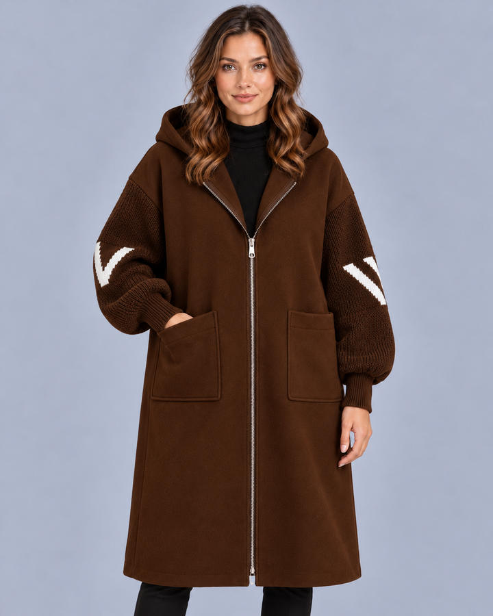 Women's Longline Hooded Coat with Knit Sleeves