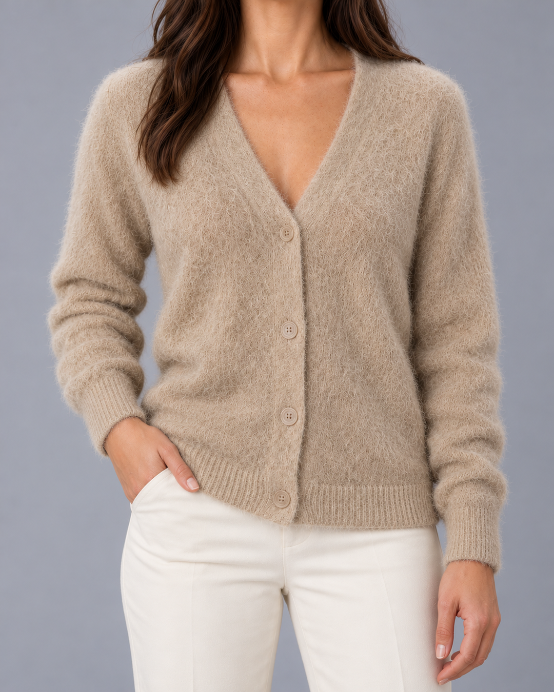 Women's Fluffy V-Neck Cardigan with Buttons