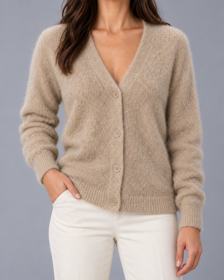 Women's Fluffy V-Neck Cardigan with Buttons