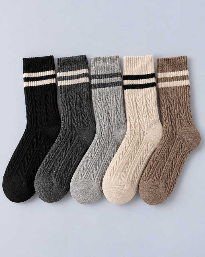 Women's Cable-Knit Crew Socks with Striped Cuffs