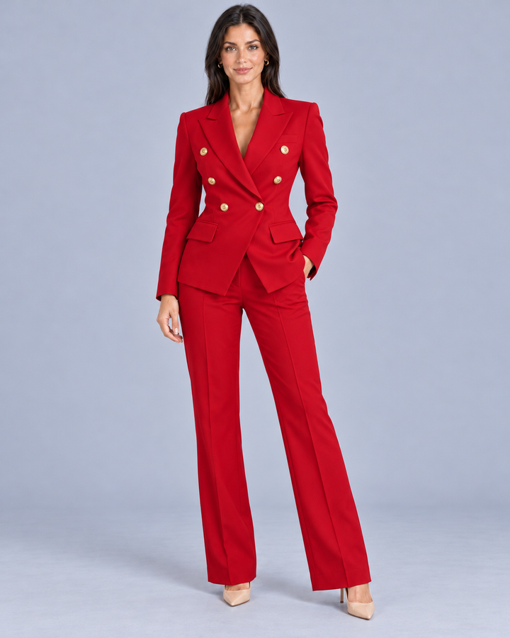 Women's Double-Breasted Trouser Suit with Metallic Buttons