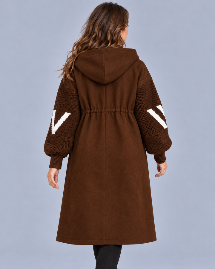 Women's Longline Hooded Coat with Knit Sleeves