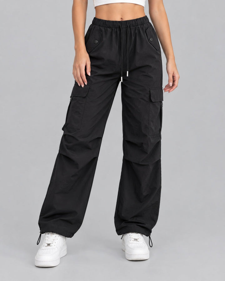 Women's Comfortable Cotton Cargo Trousers with Drawstring Waist Parachute Style