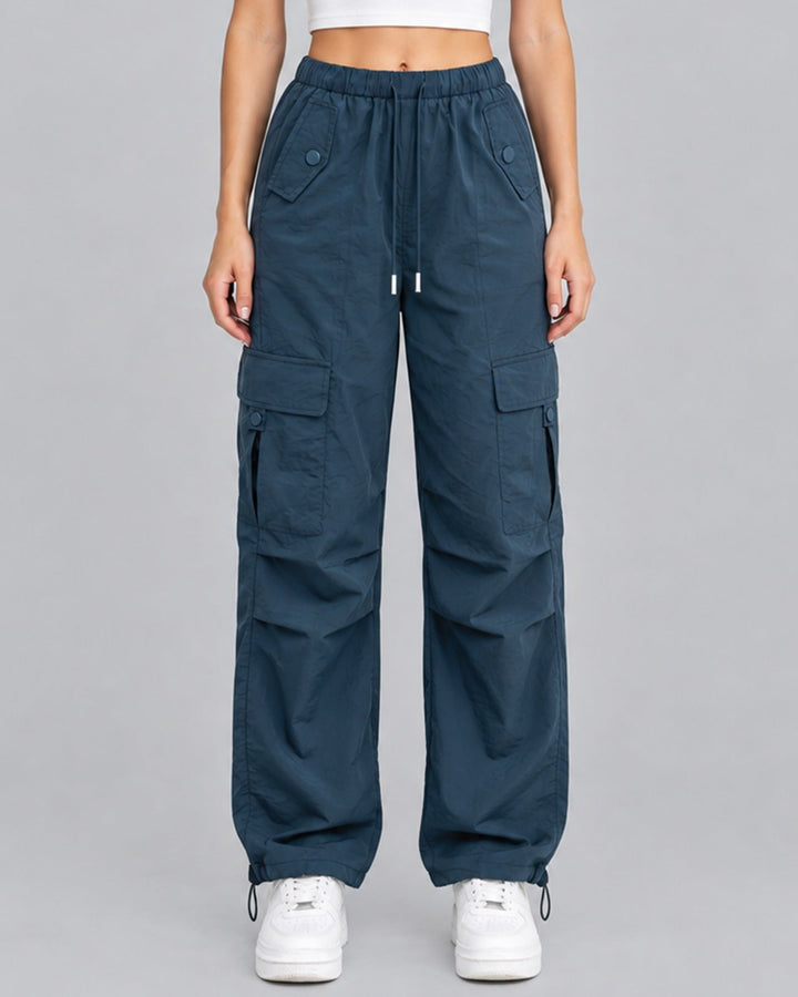 Women's Comfortable Cotton Cargo Trousers with Drawstring Waist Parachute Style