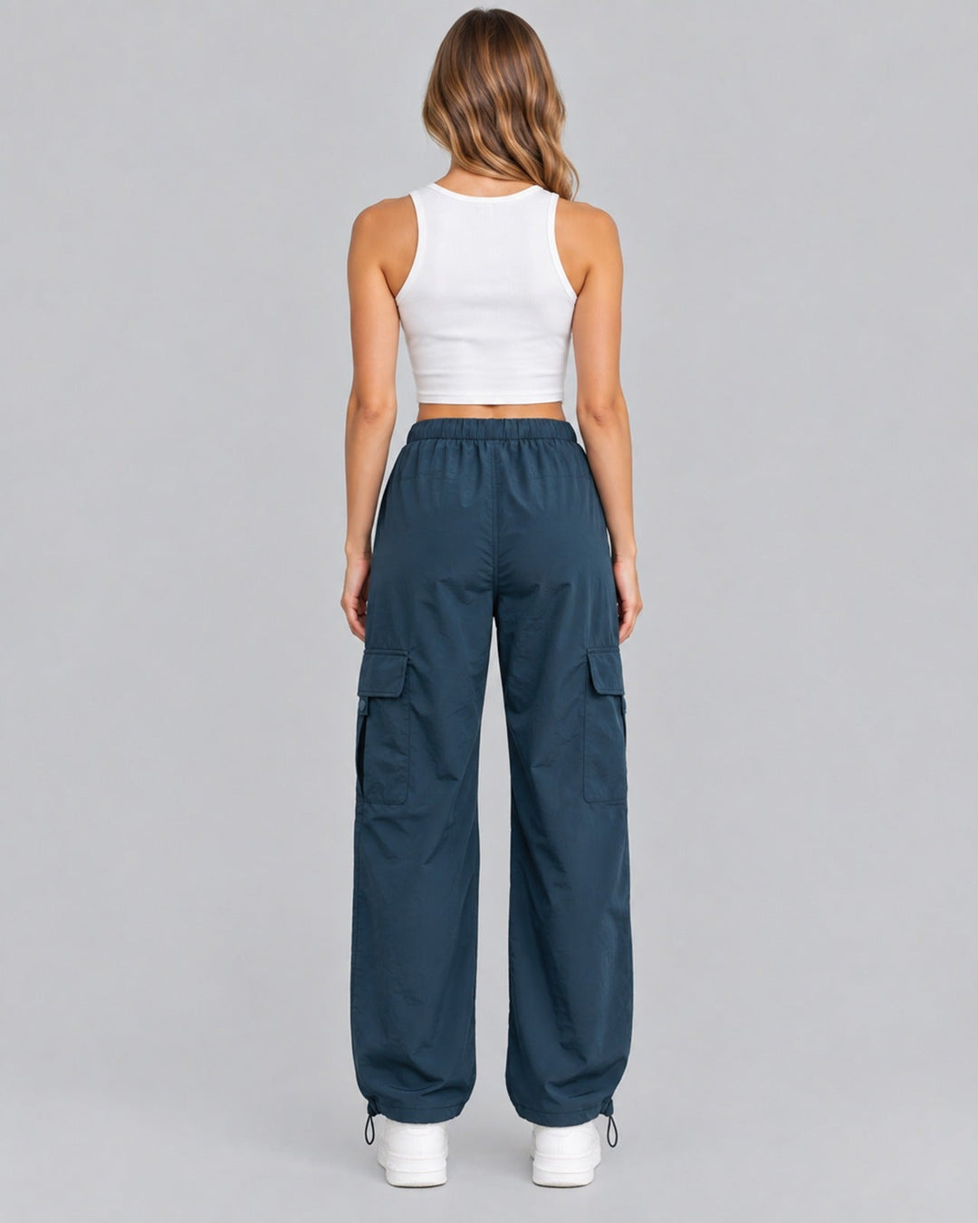 Women's Comfortable Cotton Cargo Trousers with Drawstring Waist Parachute Style