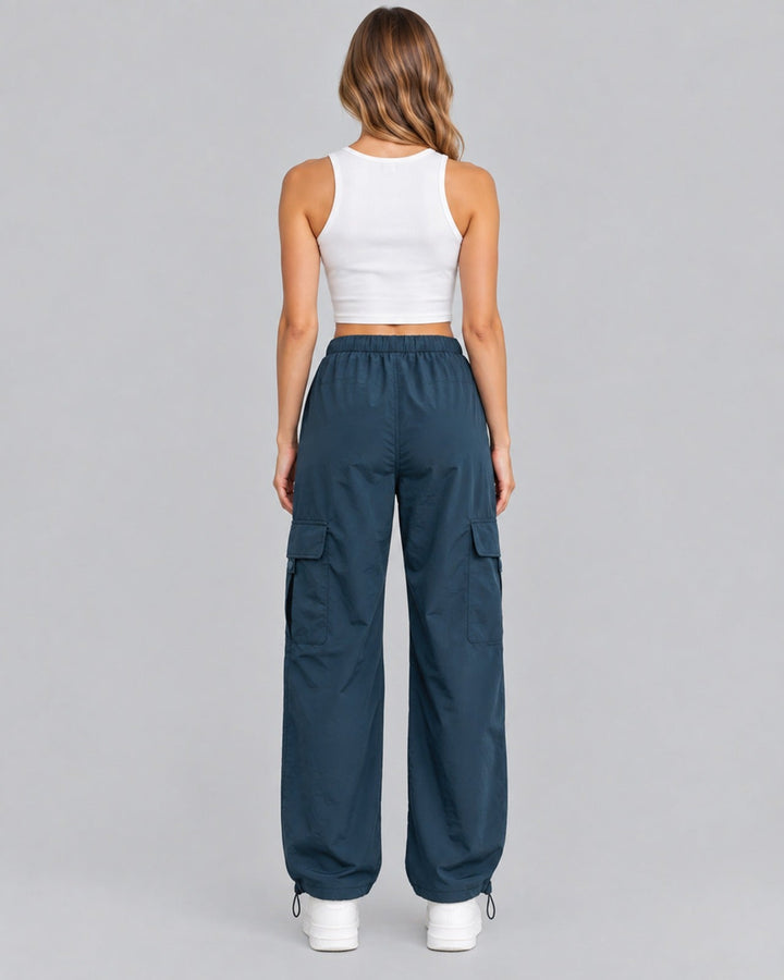 Women's Comfortable Cotton Cargo Trousers with Drawstring Waist Parachute Style