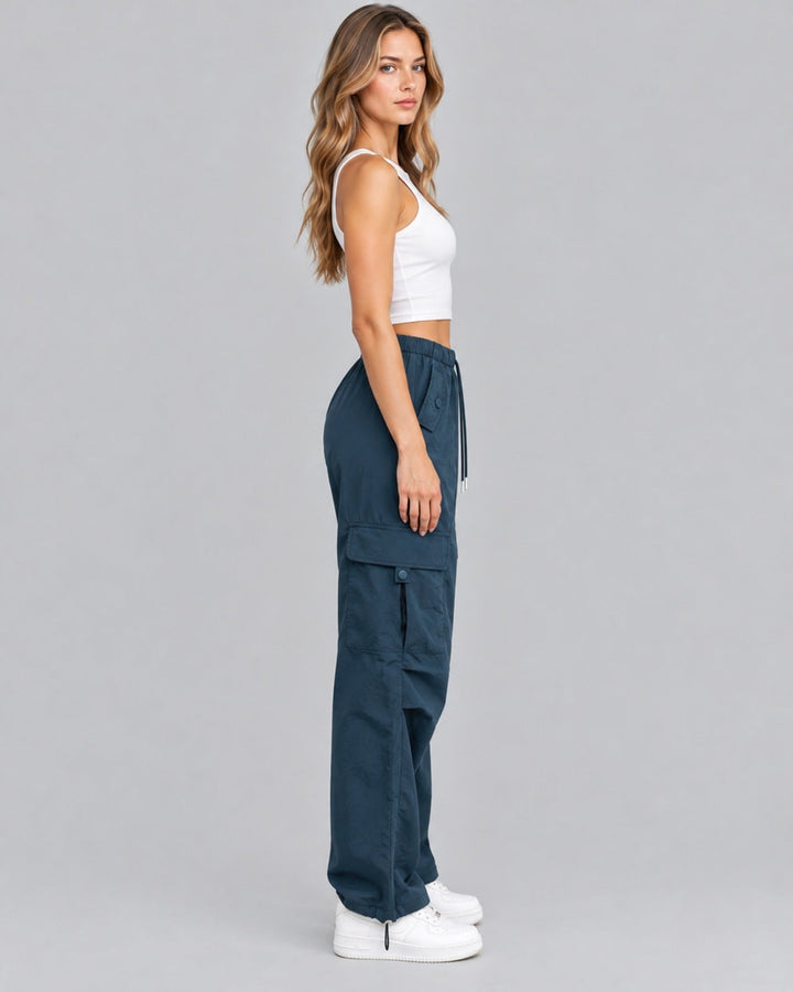 Women's Comfortable Cotton Cargo Trousers with Drawstring Waist Parachute Style