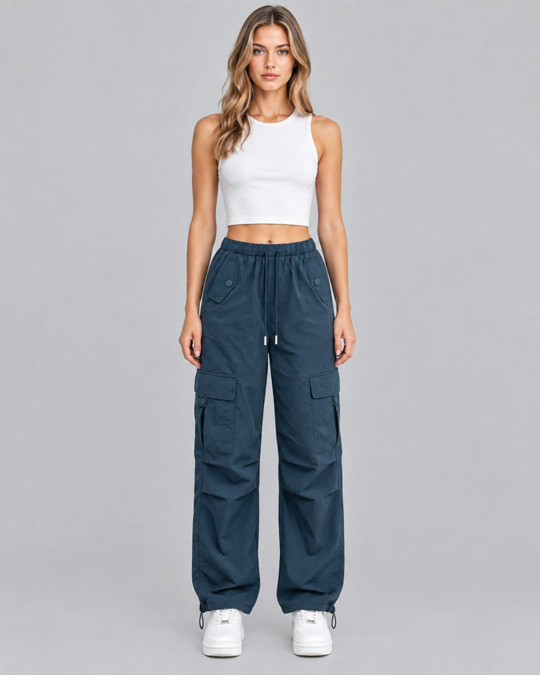 Women's Comfortable Cotton Cargo Trousers with Drawstring Waist Parachute Style