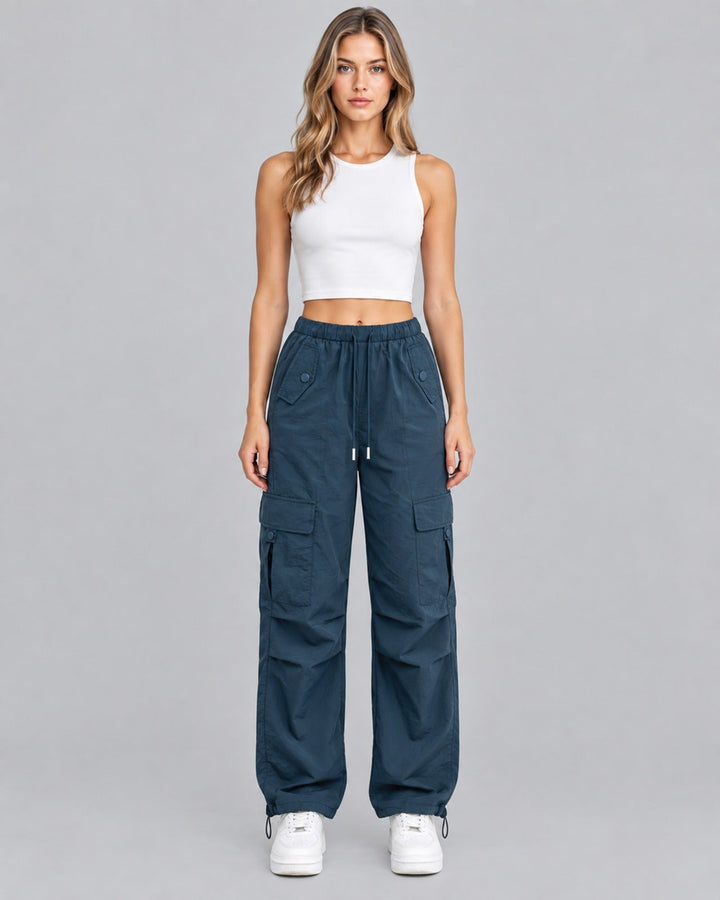 Women's Comfortable Cotton Cargo Trousers with Drawstring Waist Parachute Style