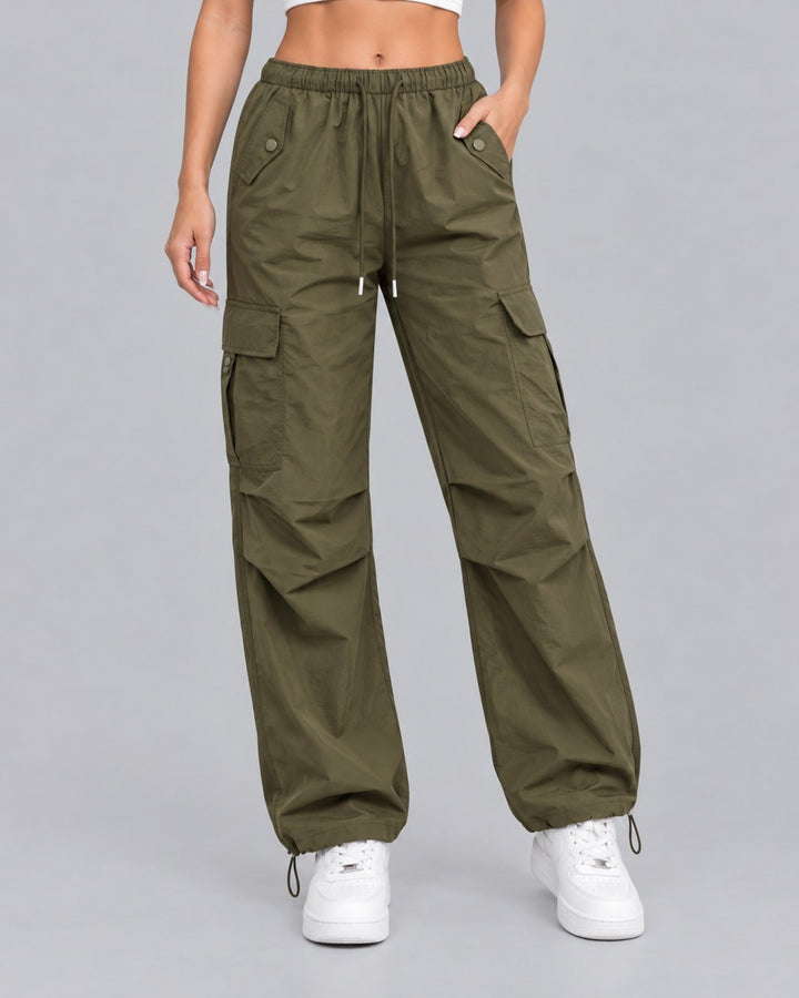 Women's Comfortable Cotton Cargo Trousers with Drawstring Waist Parachute Style