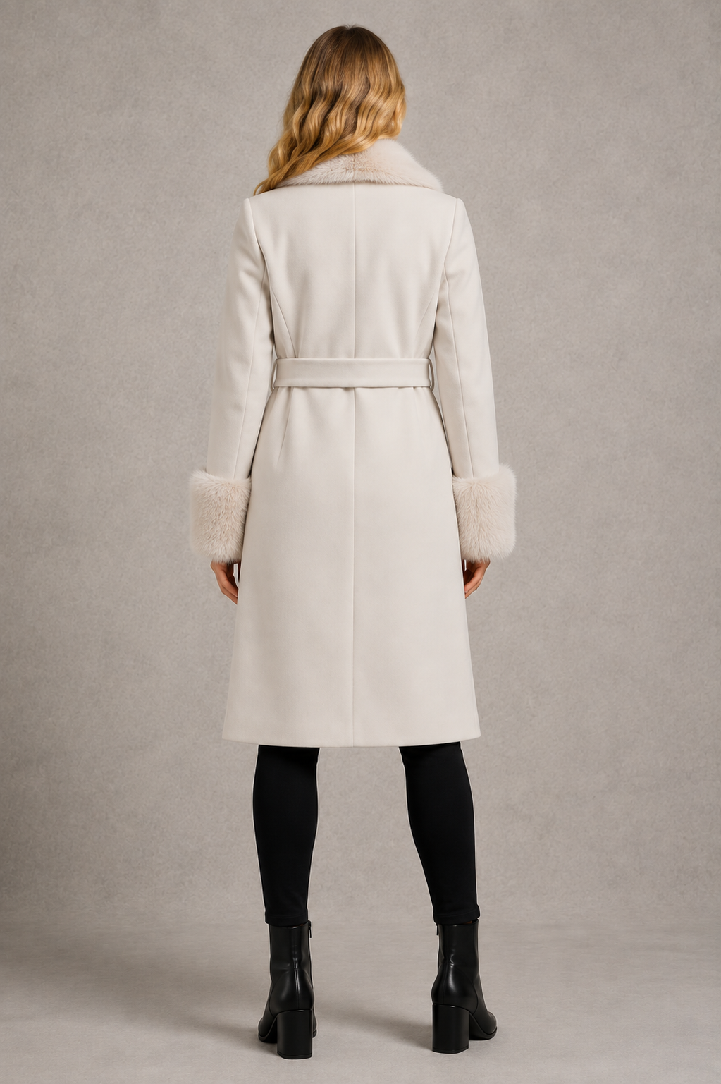 Women's Belted Coat with Fur Collar