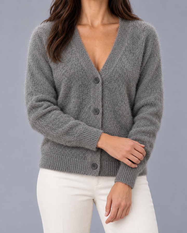 Women's Fluffy V-Neck Cardigan with Buttons