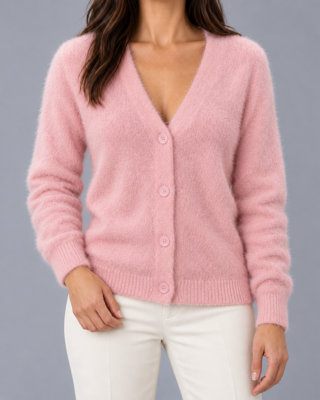 Women's Fluffy V-Neck Cardigan with Buttons
